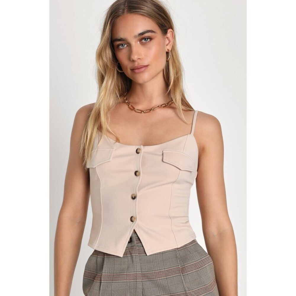 Lulus Feeling Posh Beige Button-front Vest Tank Top - Size L